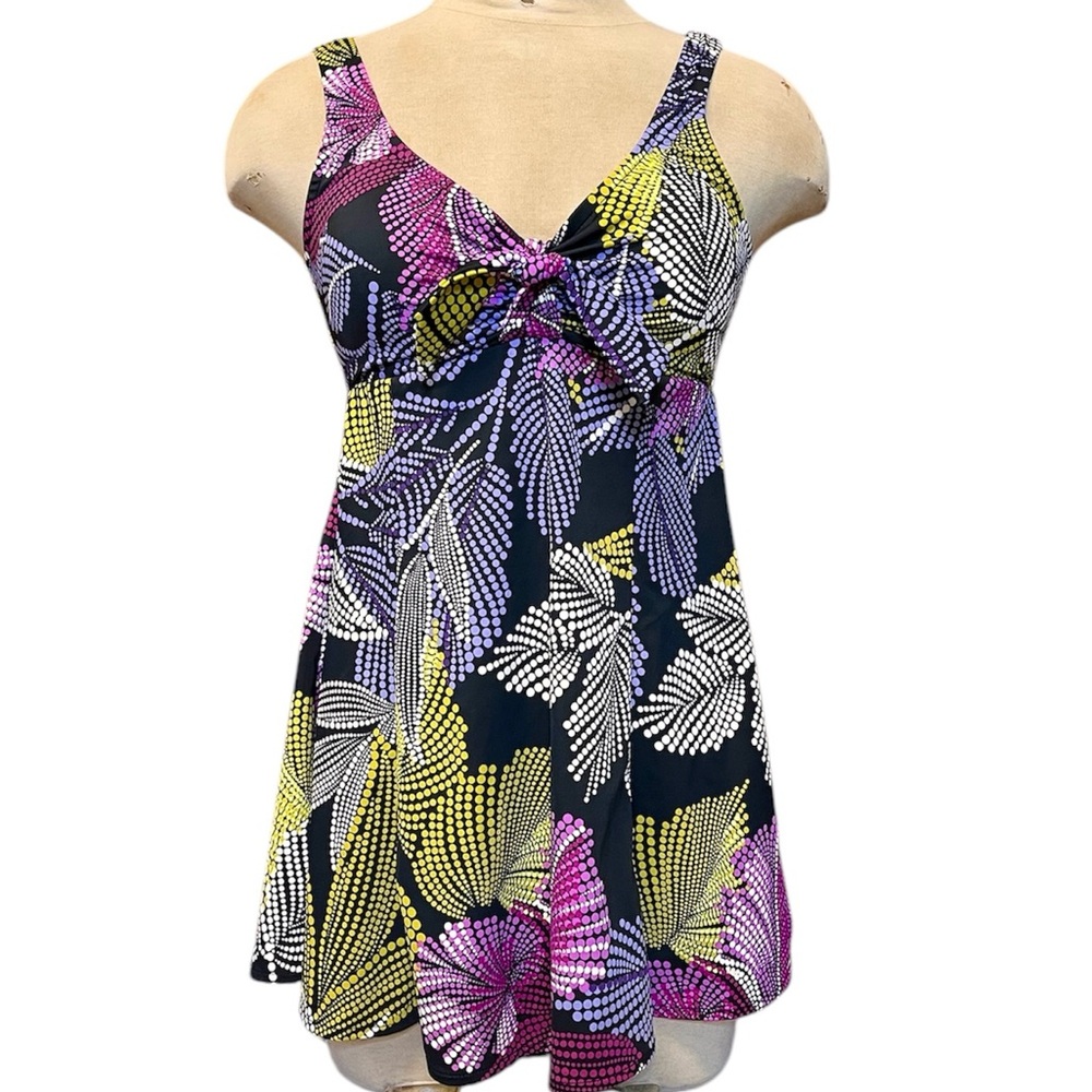Colorful Polkadot Swimdress One Piece Swimsuit Swim Dress Tropical Palm 8 10 12